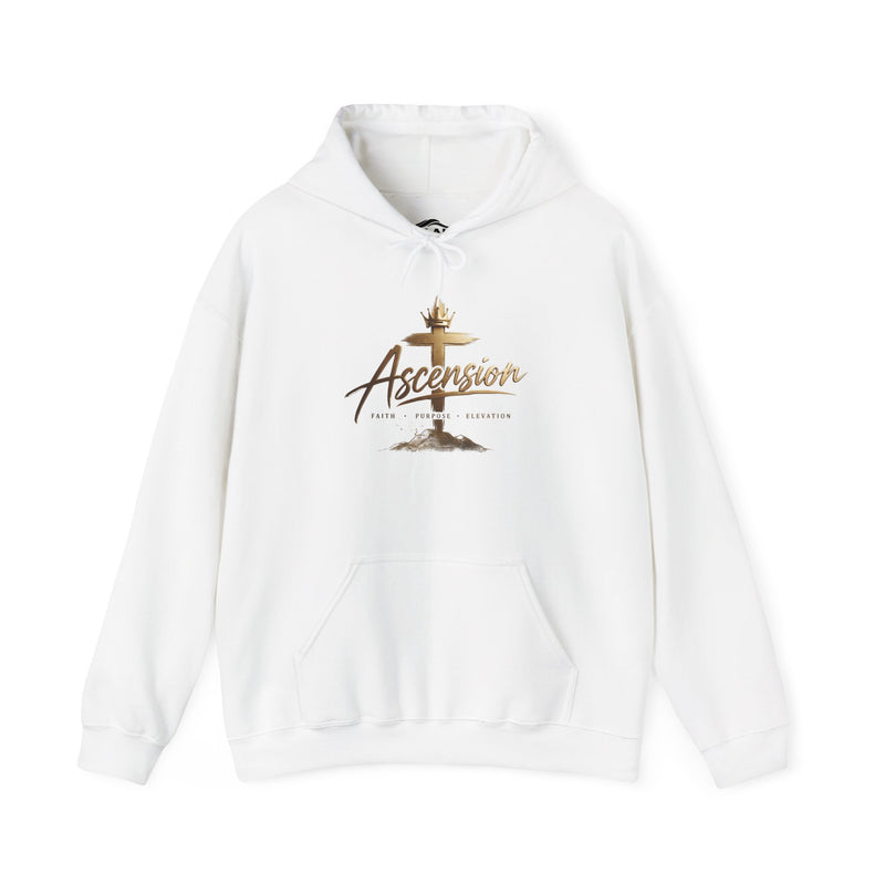 Front view of the Ascension Faith Cross Hoodie in White, featuring a crowned cross and Faith, Purpose, Elevation lettering