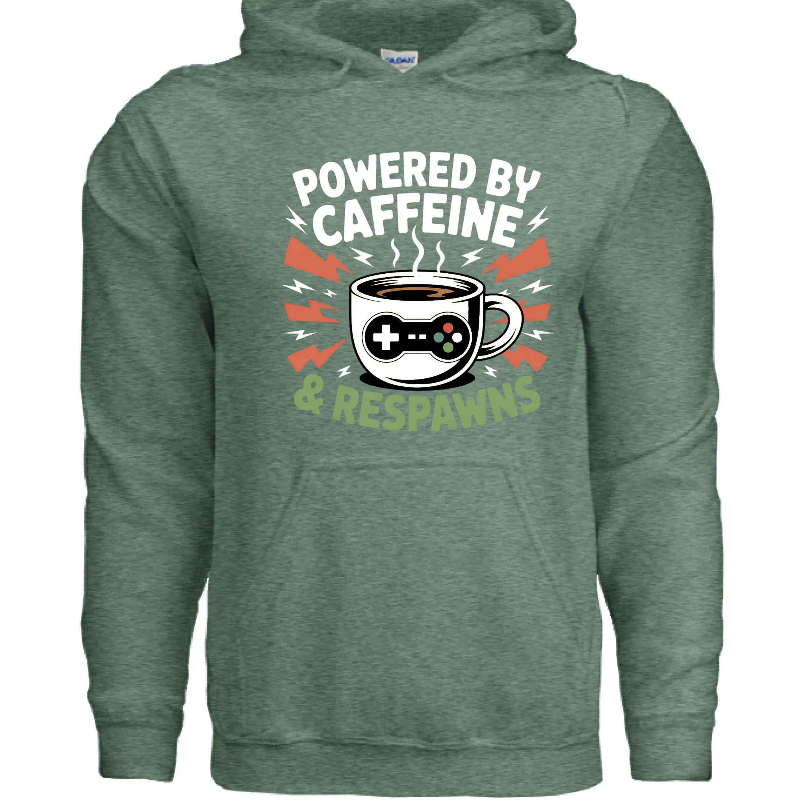 Powered by Caffeine & Respawns Sweatshirt โ Funny Gamer Graphic Sweater