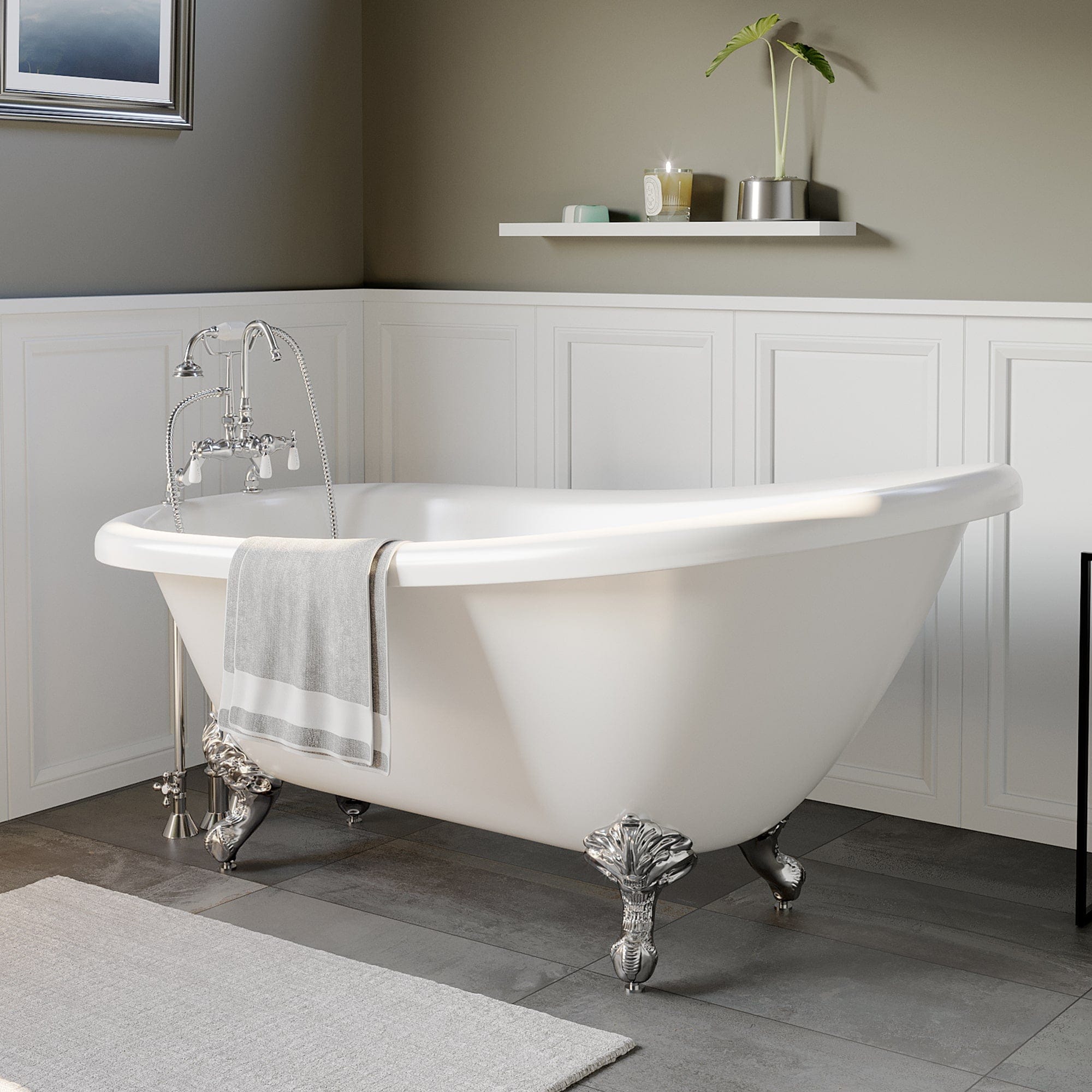 61 Inch Acrylic Slipper Bathtub with and Complete Polished Chrome Plumbing Package - Molaix95225836916AST61-684D-PKG-CP-7DH