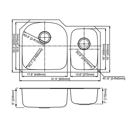 Builders Collection 18g Standard Radius 70/30 Offset Double Bowl Undermount Stainless Steel Kitchen Sink - GSR-18-7030 - Molaix601946608536Kitchen SinksGSR-18-7030