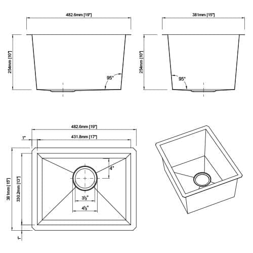 Builders Collection 18g Zero Radius 19×15 Single Bowl Undermount Stainless Steel Bar Sink - GSZ-1915 - Molaix601946608550Bar SinksGSZ-1915