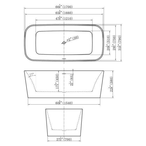 Dakota Free Standing Rounded Rectangle Tub in White 67″ x 31″ x 23″ - DST-FSRCC01W - Molaix601946607225Free Standing BathtubDST-FSRCC01W