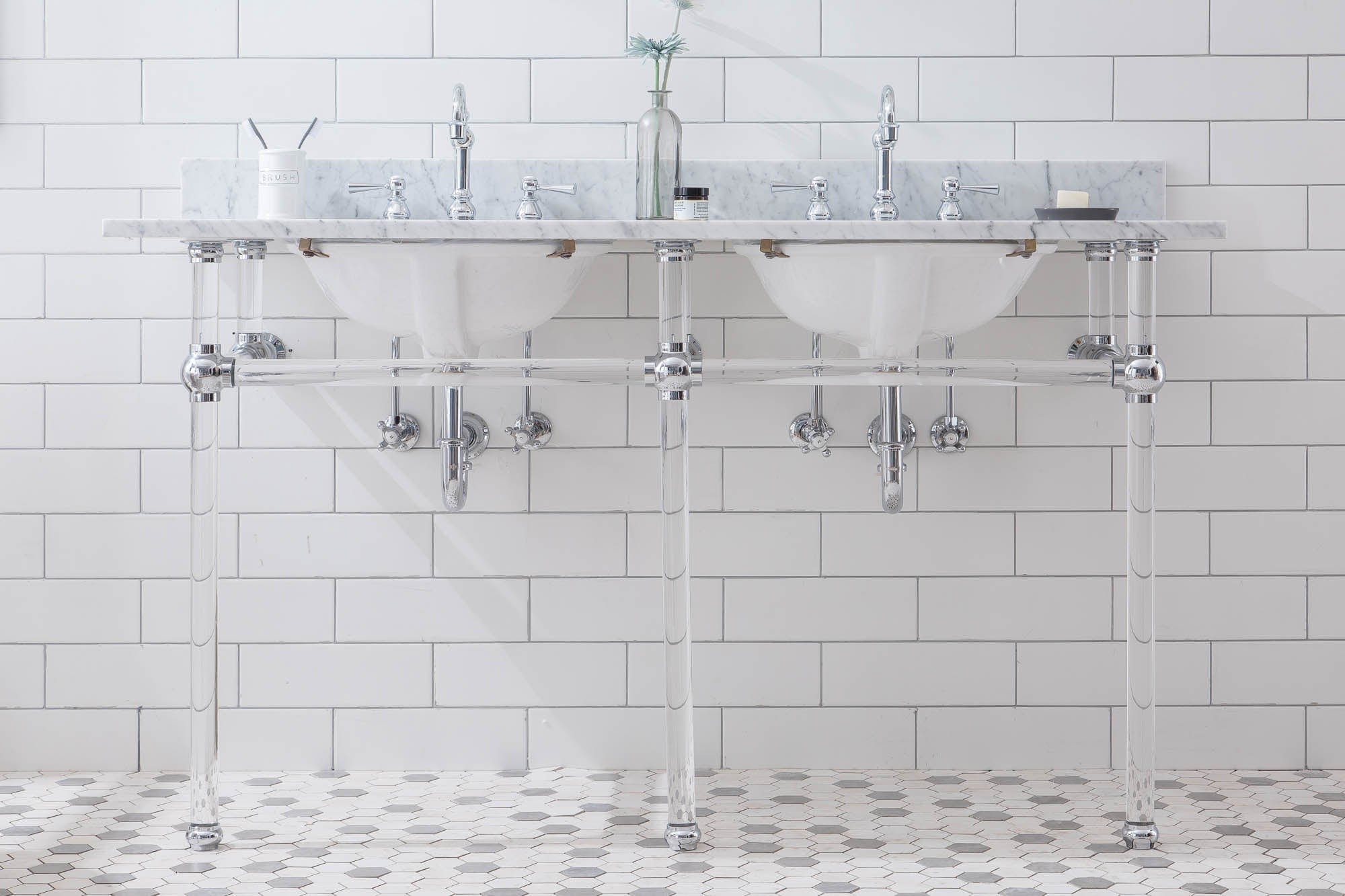Empire 60 Inch Wide Double Wash Stand, P-Trap, Counter Top with Basin, and F2-0012 Faucet included in Chrome Finish - Molaix732030762848EP60D-0112
