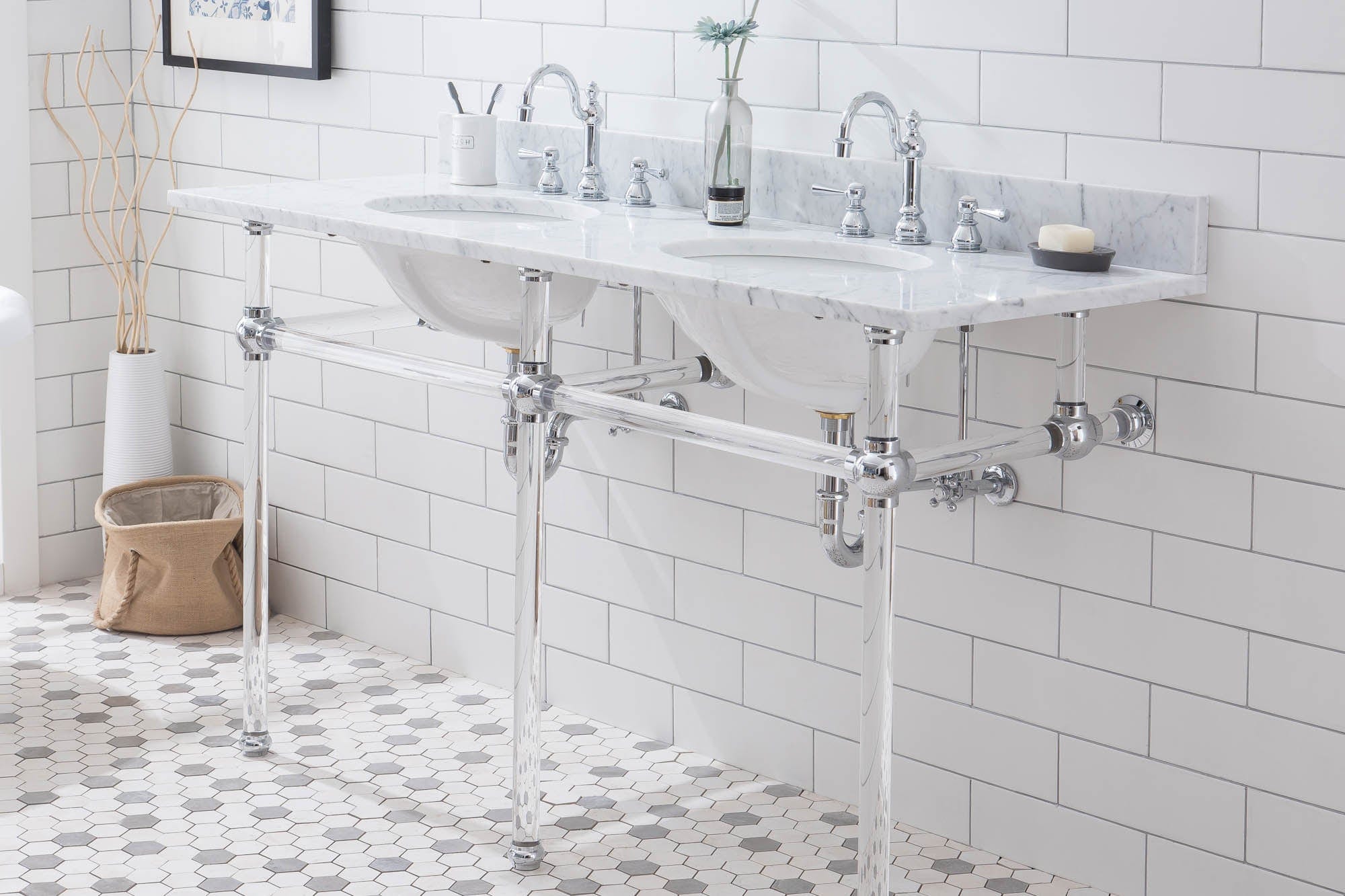 Empire 60 Inch Wide Double Wash Stand, P-Trap, Counter Top with Basin, and F2-0012 Faucet included in Chrome Finish - Molaix732030762848EP60D-0112