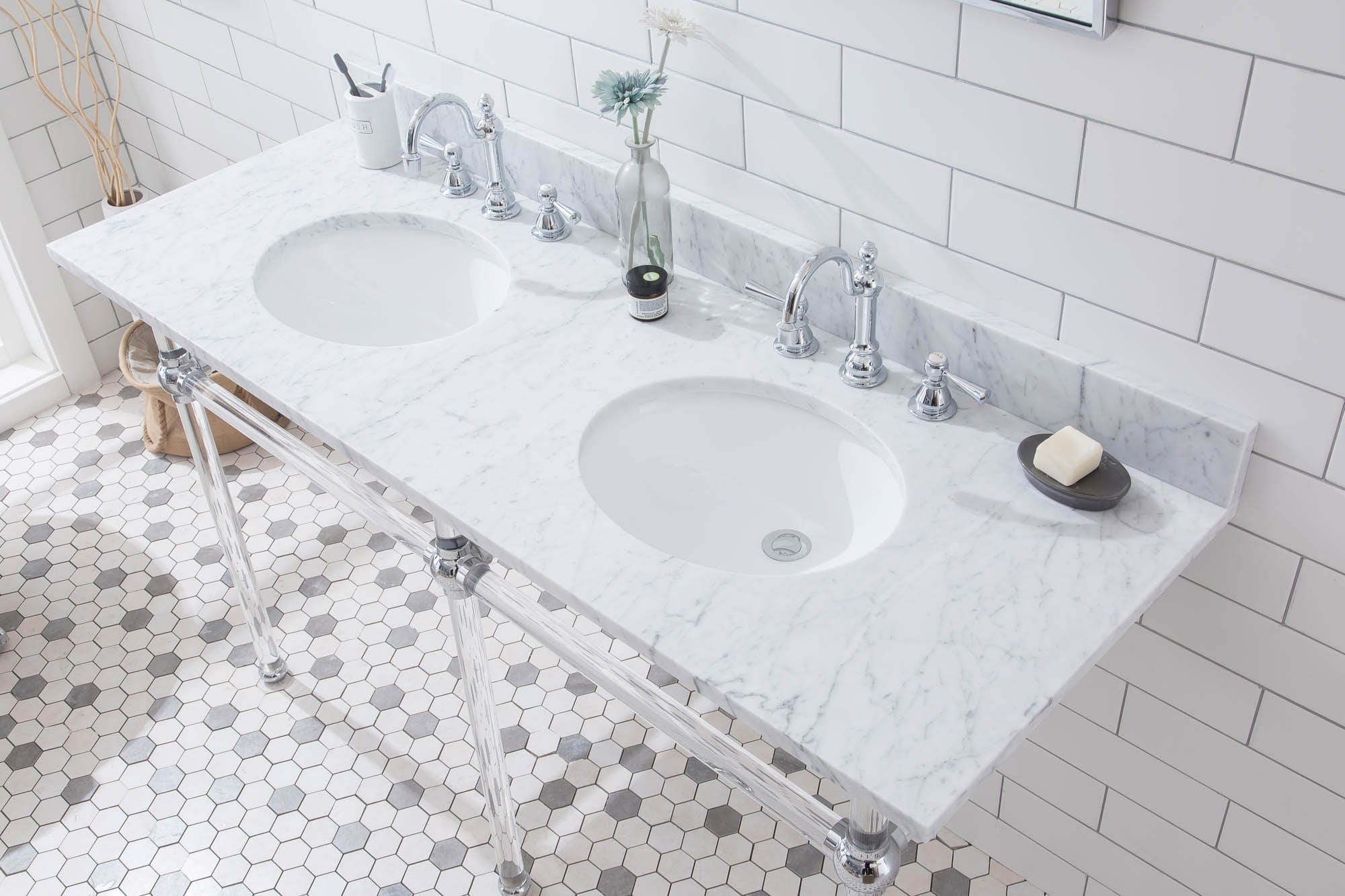 Empire 60 Inch Wide Double Wash Stand, P-Trap, Counter Top with Basin, and F2-0012 Faucet included in Chrome Finish - Molaix732030762848EP60D-0112