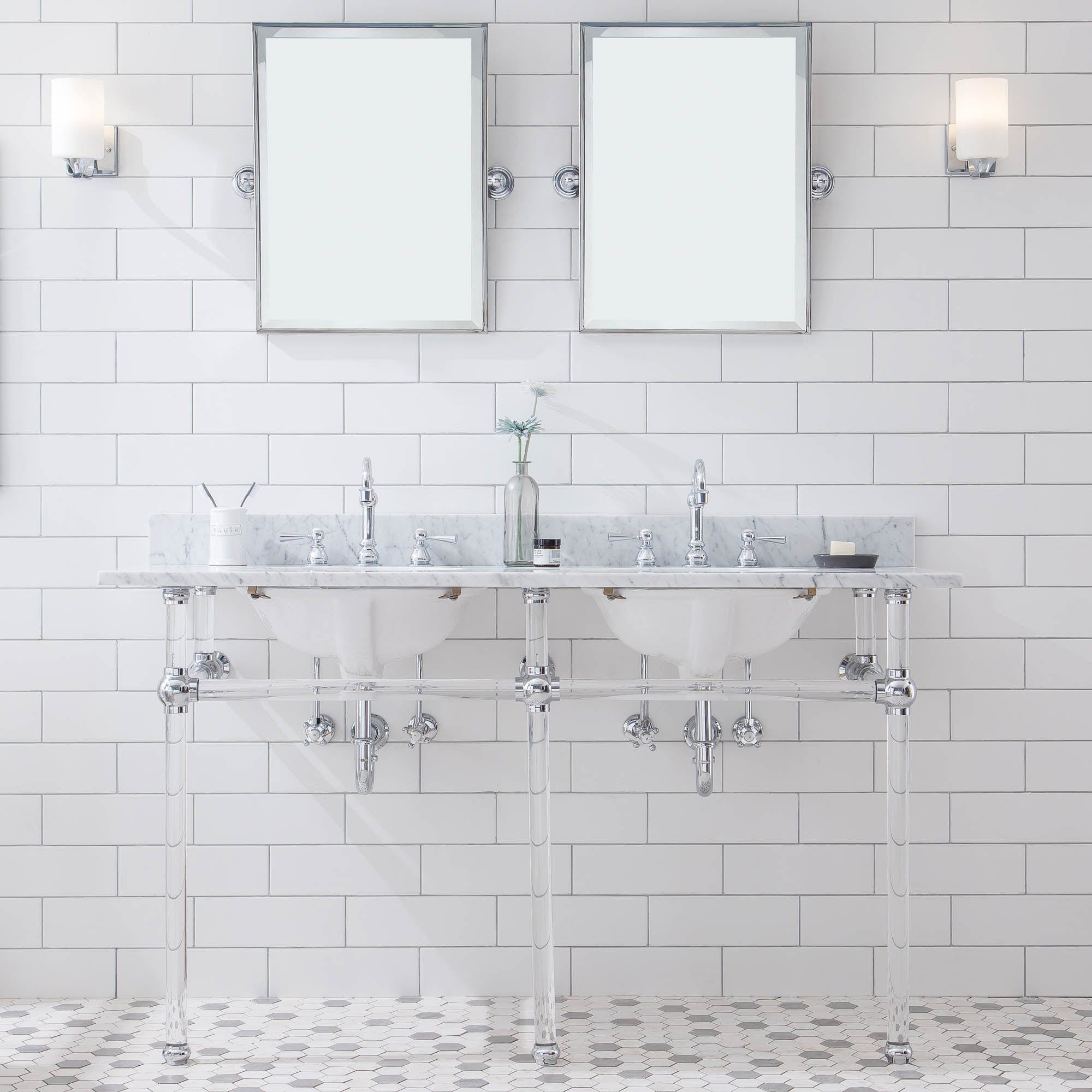 Empire 60 Inch Wide Double Wash Stand, P-Trap, Counter Top with Basin, and F2-0012 Faucet included in Chrome Finish - Molaix732030762848EP60D-0112