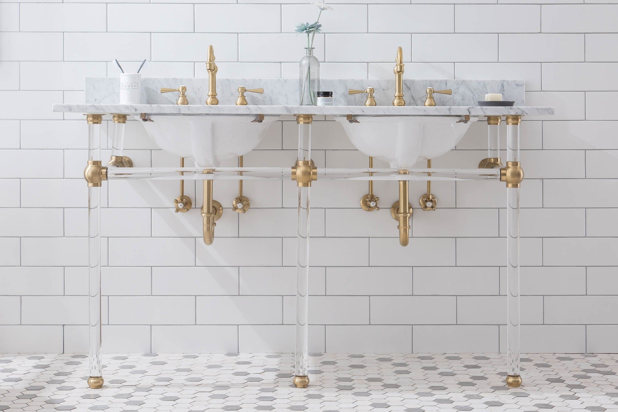 Empire 60 Inch Wide Double Wash Stand, P-Trap, Counter Top with Basin, and F2-0012 Faucet included in Satin Gold Finish - Molaix732030762893EP60D-0612