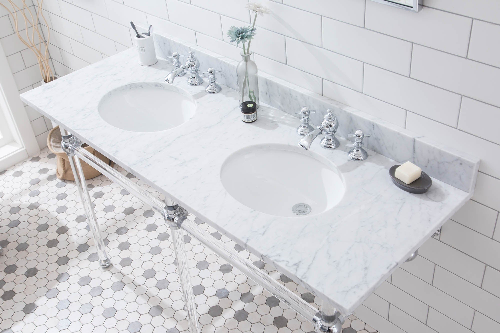 Empire 60 Inch Wide Double Wash Stand, P-Trap, Counter Top with Basin, and F2-0013 Faucet included in Chrome Finish - Molaix732030762855EP60D-0113