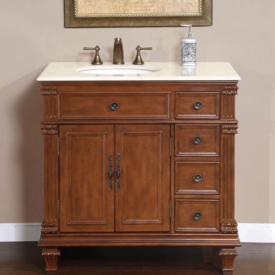 Silkroad Exclusive 36-inch Crema Marfil Marble Top Single Sink Bathroom Vanity - HYP-0210-CM-UWC-36-L - Molaix610256800202Bathroom VanityHYP-0210-CM-UWC-36-L