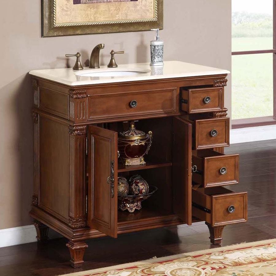 Silkroad Exclusive 36-inch Crema Marfil Marble Top Single Sink Bathroom Vanity - HYP-0210-CM-UWC-36-L - Molaix610256800202Bathroom VanityHYP-0210-CM-UWC-36-L