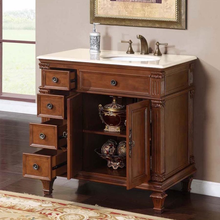 Silkroad Exclusive 36-inch Crema Marfil Marble Top Single Sink Bathroom Vanity - HYP-0210-CM-UWC-36-R - Molaix610256800219Bathroom VanityHYP-0210-CM-UWC-36-R