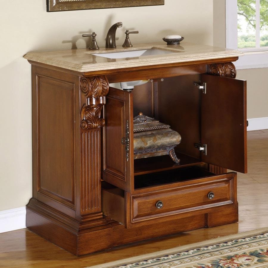 Silkroad Exclusive 38.75-inch Travertine Top Single Sink Bathroom Vanity - HYP-0907-T-UWC-38 - Molaix610256800875Bathroom VanityHYP-0907-T-UWC-38