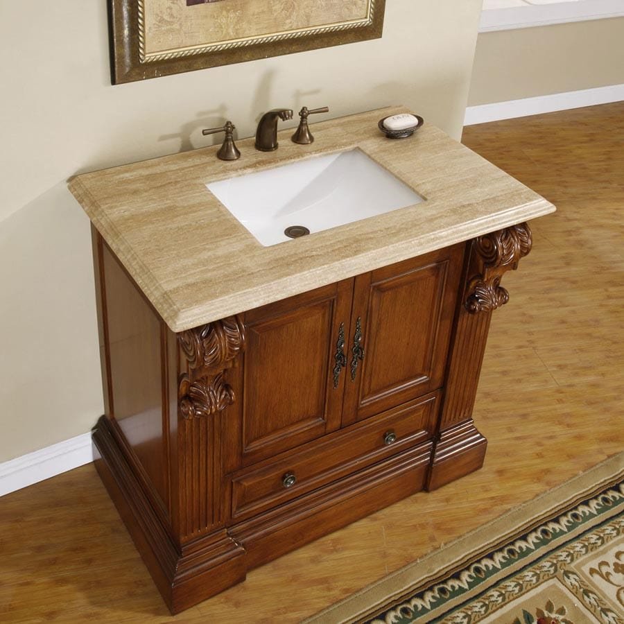 Silkroad Exclusive 38.75-inch Travertine Top Single Sink Bathroom Vanity - HYP-0907-T-UWC-38 - Molaix610256800875Bathroom VanityHYP-0907-T-UWC-38