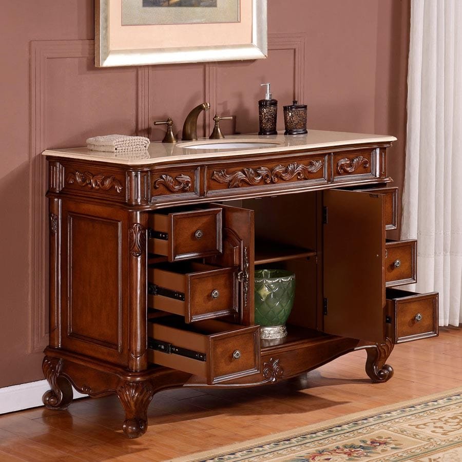 Silkroad Exclusive 48-inch Crema Marfil Marble Top Single Sink Bathroom Vanity - ZY-0250-CM-UWC-48 - Molaix610256802633Bathroom VanityZY-0250-CM-UWC-48