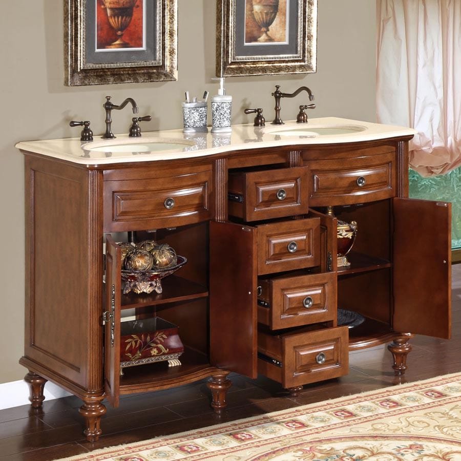 Silkroad Exclusive 55-inch Crema Marfil Marble Top Double Sink Bathroom Vanity - HYP-0719-CM-UIC-55 - Molaix610256800684Bathroom VanityHYP-0719-CM-UIC-55
