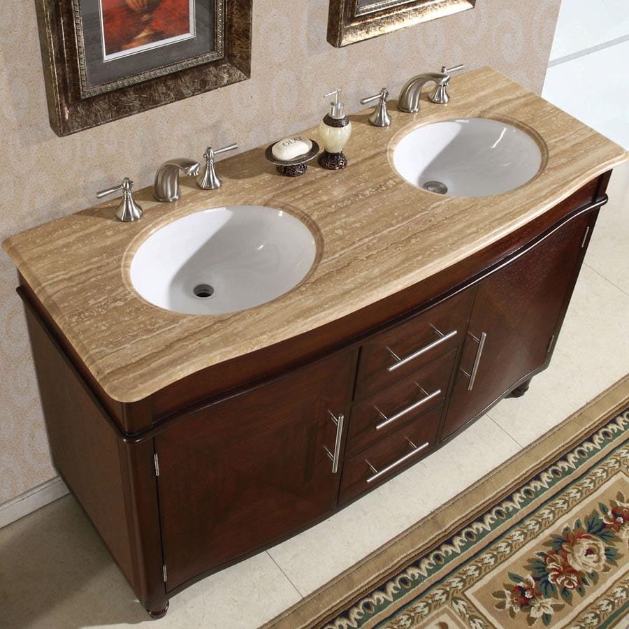 Silkroad Exclusive 55-inch Travertine Top Double Sink Bathroom Vanity - HYP-0222-T-UWC-55 - Molaix610256800400Bathroom VanityHYP-0222-T-UWC-55