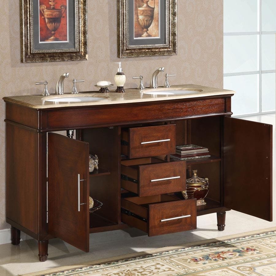 Silkroad Exclusive 55-inch Travertine Top Double Sink Bathroom Vanity - HYP-0222-T-UWC-55 - Molaix610256800400Bathroom VanityHYP-0222-T-UWC-55
