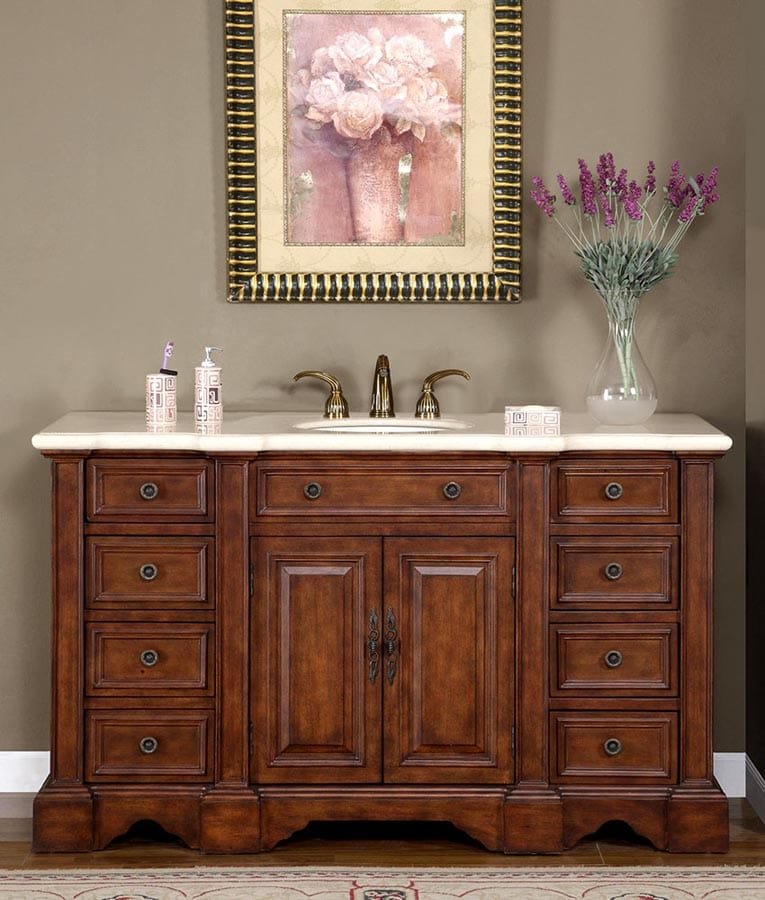 Silkroad Exclusive 58.5-inch Crema Marfil Marble Top Single Sink Bathroom Vanity - WFH-0199-CM-UWC-58 - Molaix610256801308Bathroom VanityWFH-0199-CM-UWC-58