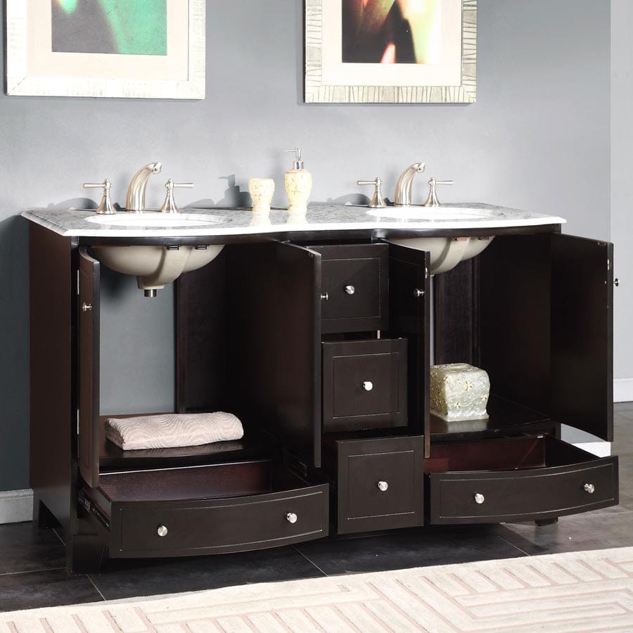 Silkroad Exclusive 60-inch Carrara White Marble Top Double Sink Bathroom Vanity - HYP-0703-WM-UWC-60 - Molaix610256802077Bathroom VanityHYP-0703-WM-UWC-60
