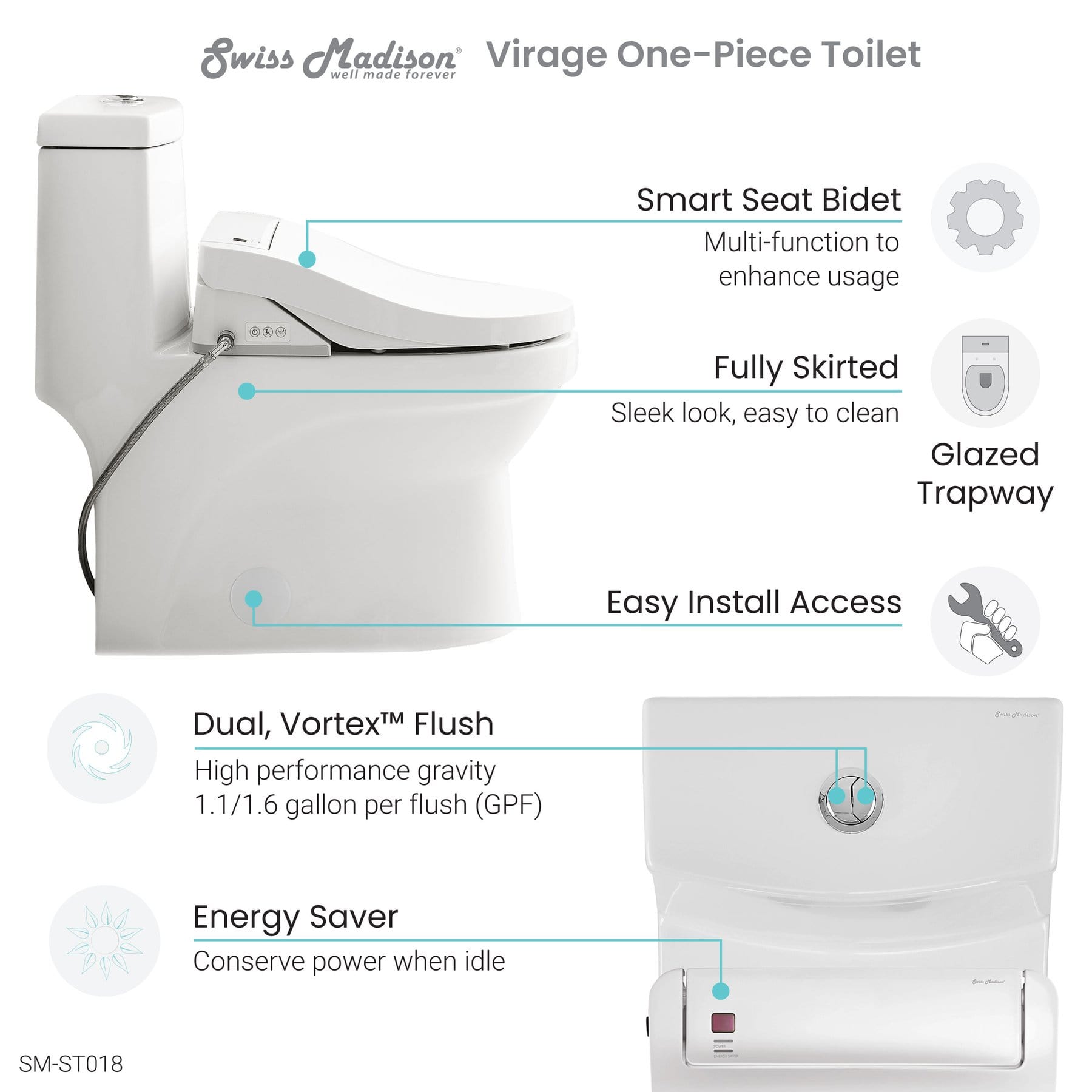 Swiss Madison Virage One-Piece Toilet with Vivante Smart Seat Bidet 1.1/1.6 gpf - SM-ST018 - Molaix723552143871ToiletsSM-ST018