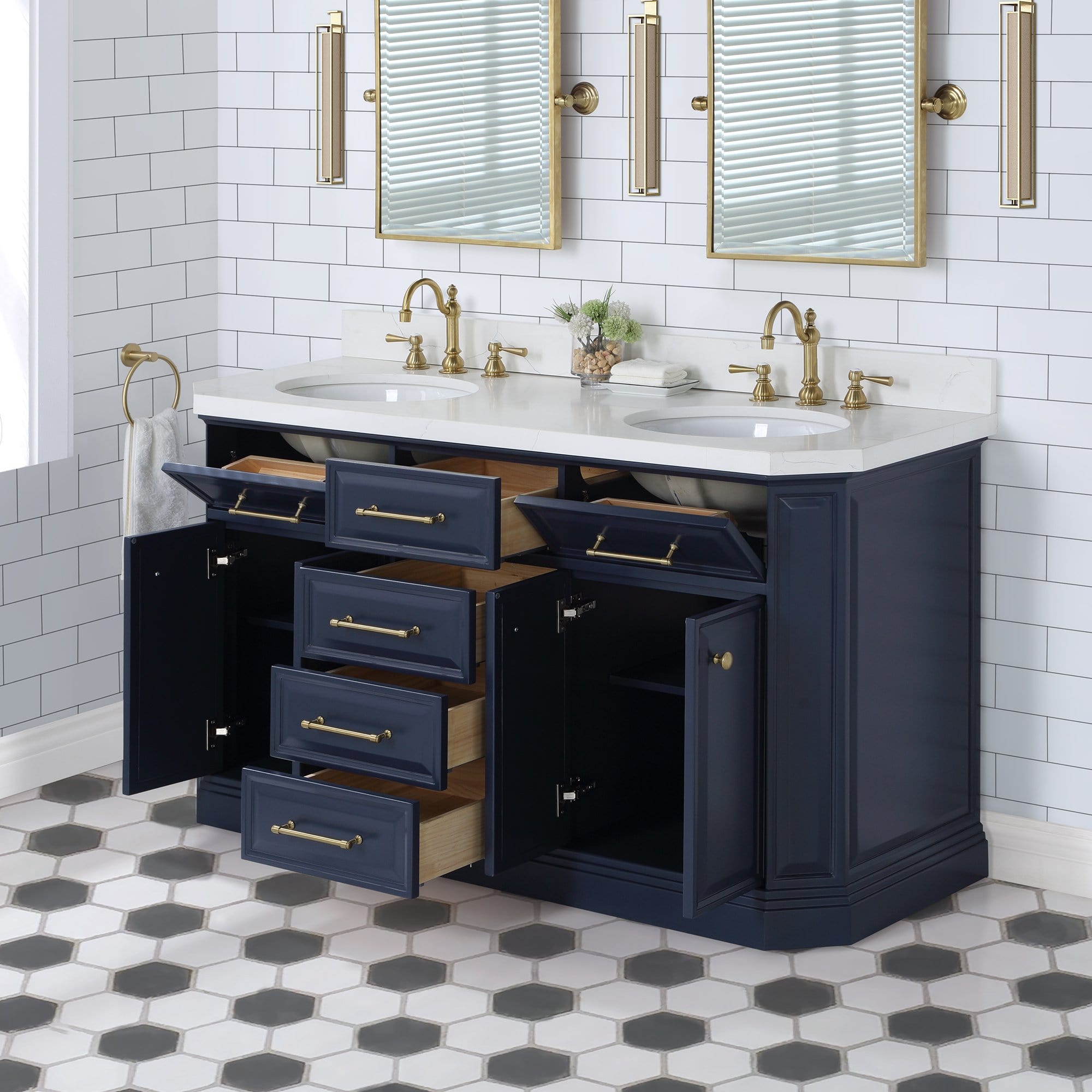 Water Creation Palace 60 In. Double Sink White Quartz Countertop Vanity in Monarch Blue - Molaix732030764972Bathroom vanityPA60QZ06MB-000000000