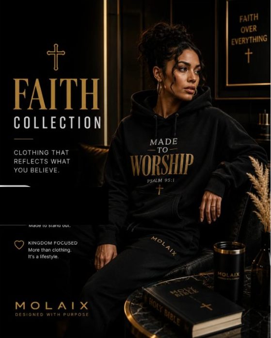 Faith Collection campaign: model in a black Made to Worship hoodie