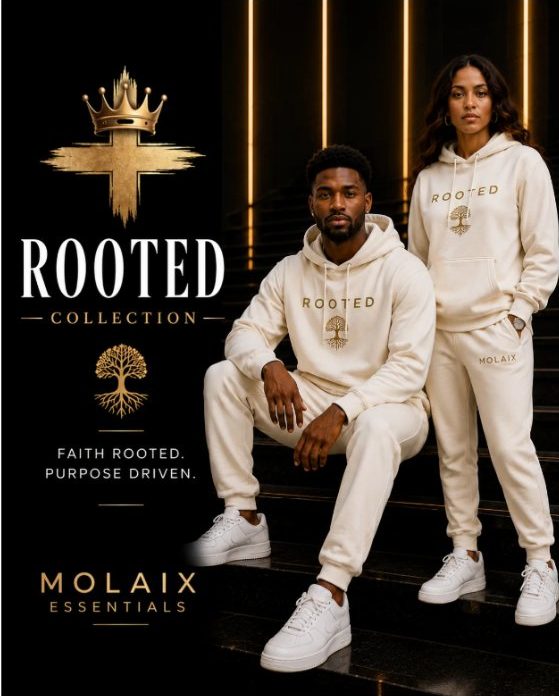 Rooted Collection campaign: two models in cream Rooted sweatsuits