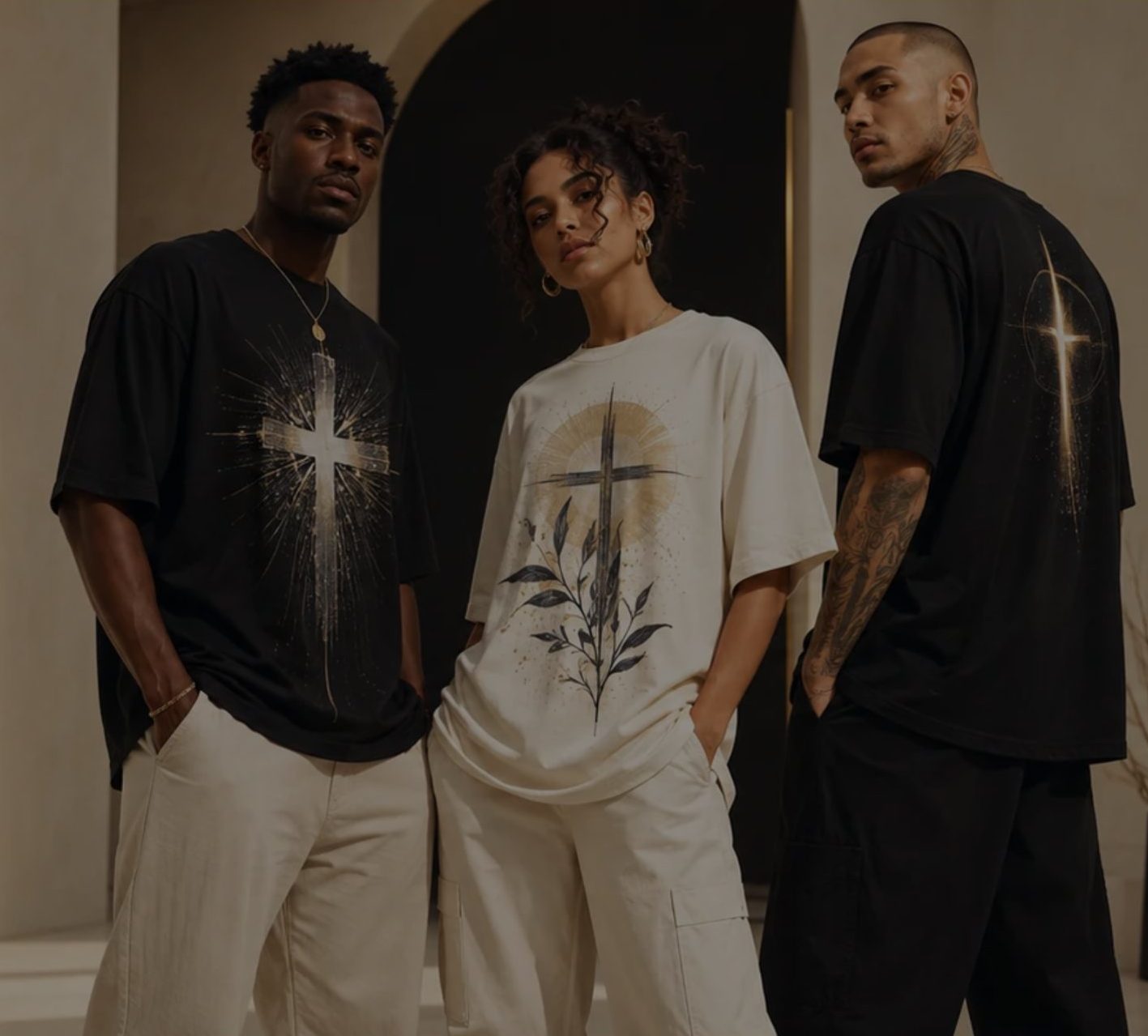 Three young adults in MOLAIX oversized cross-graphic tees, two in black and one in cream, standing in a warm-lit arched studio