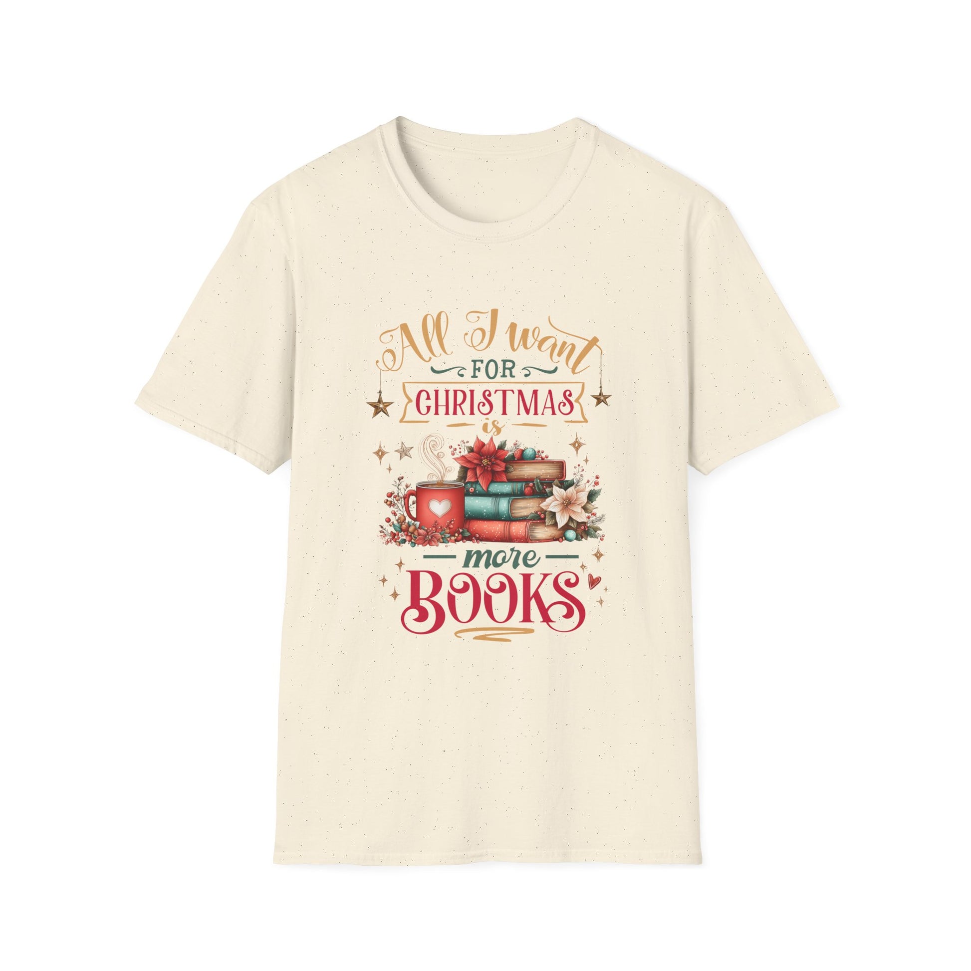 Christmas Book Lover T-Shirt featuring a cozy design with books and holiday elements perfect for book lovers.