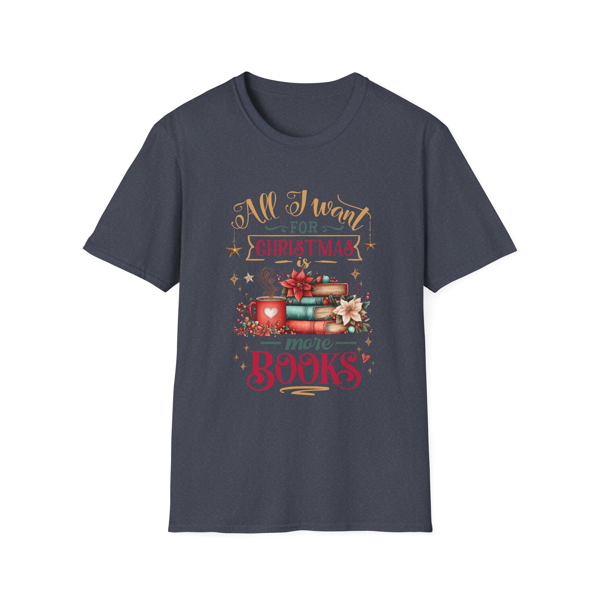 Christmas Book Lover T-Shirt featuring festive design with books and text 'All I Want for Christmas is more Books'.