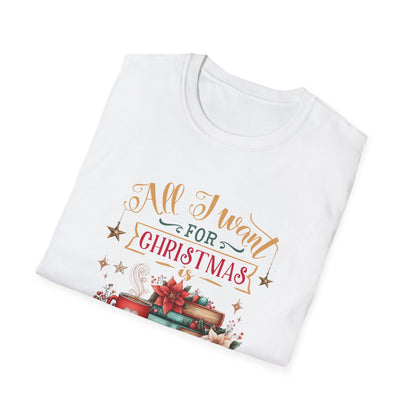 Christmas Book Lover T-Shirt featuring a festive design with books and holiday elements.