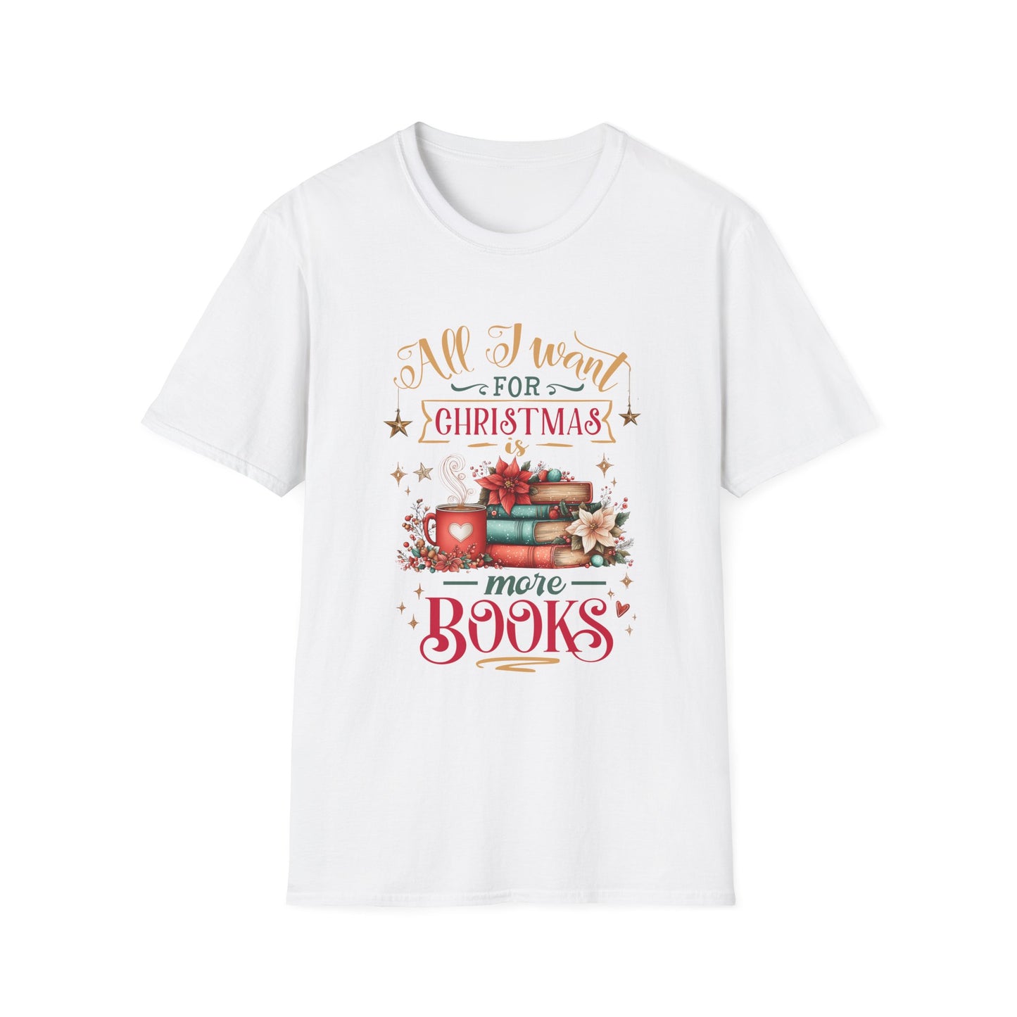 Christmas Book Lover T-Shirt featuring a cozy design with books and a cup, perfect for holiday reading enthusiasts.