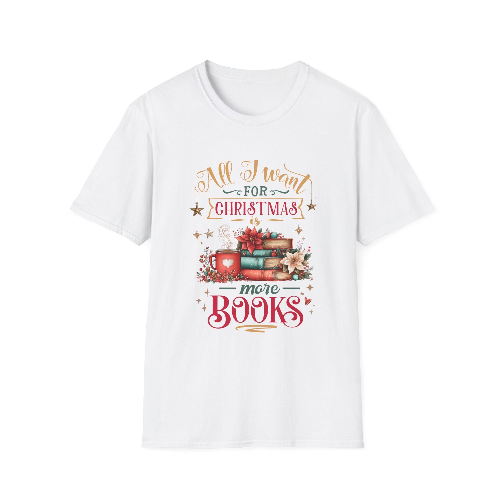 Christmas Book Lover T-Shirt featuring a cozy design with books and a cup, perfect for holiday reading enthusiasts.