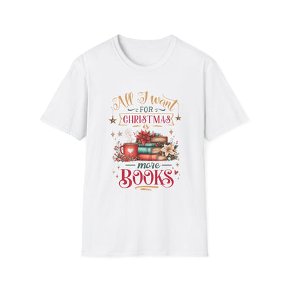 Christmas Book Lover T-Shirt featuring a cozy design with books and a cup, perfect for holiday reading enthusiasts.