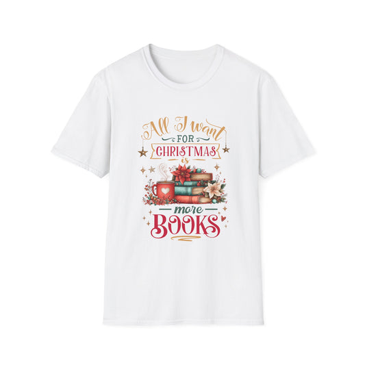 Christmas Book Lover T-Shirt featuring a cozy design with books and a cup, perfect for holiday reading enthusiasts.