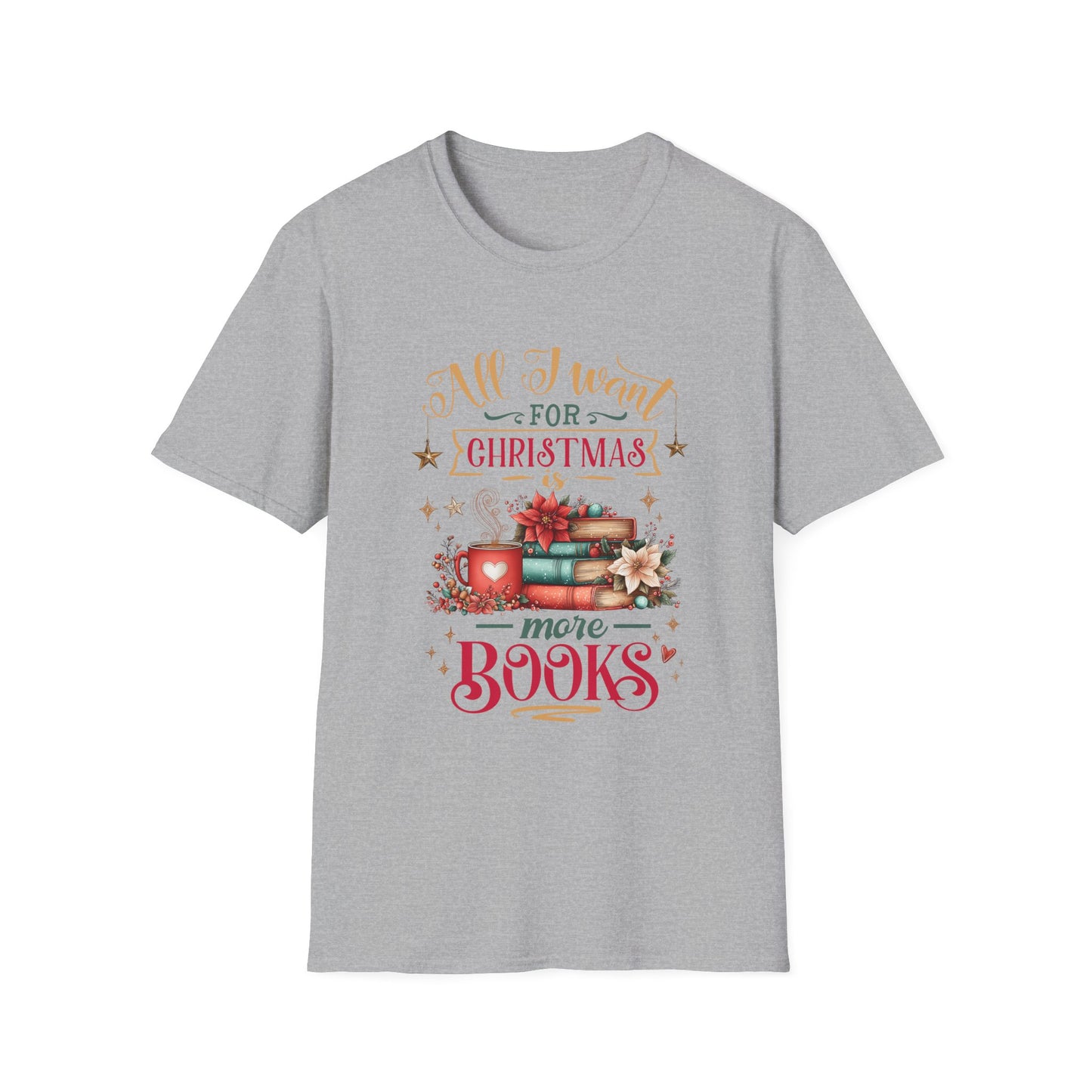 Christmas Book Lover T-Shirt featuring a festive book design and holiday-themed typography.