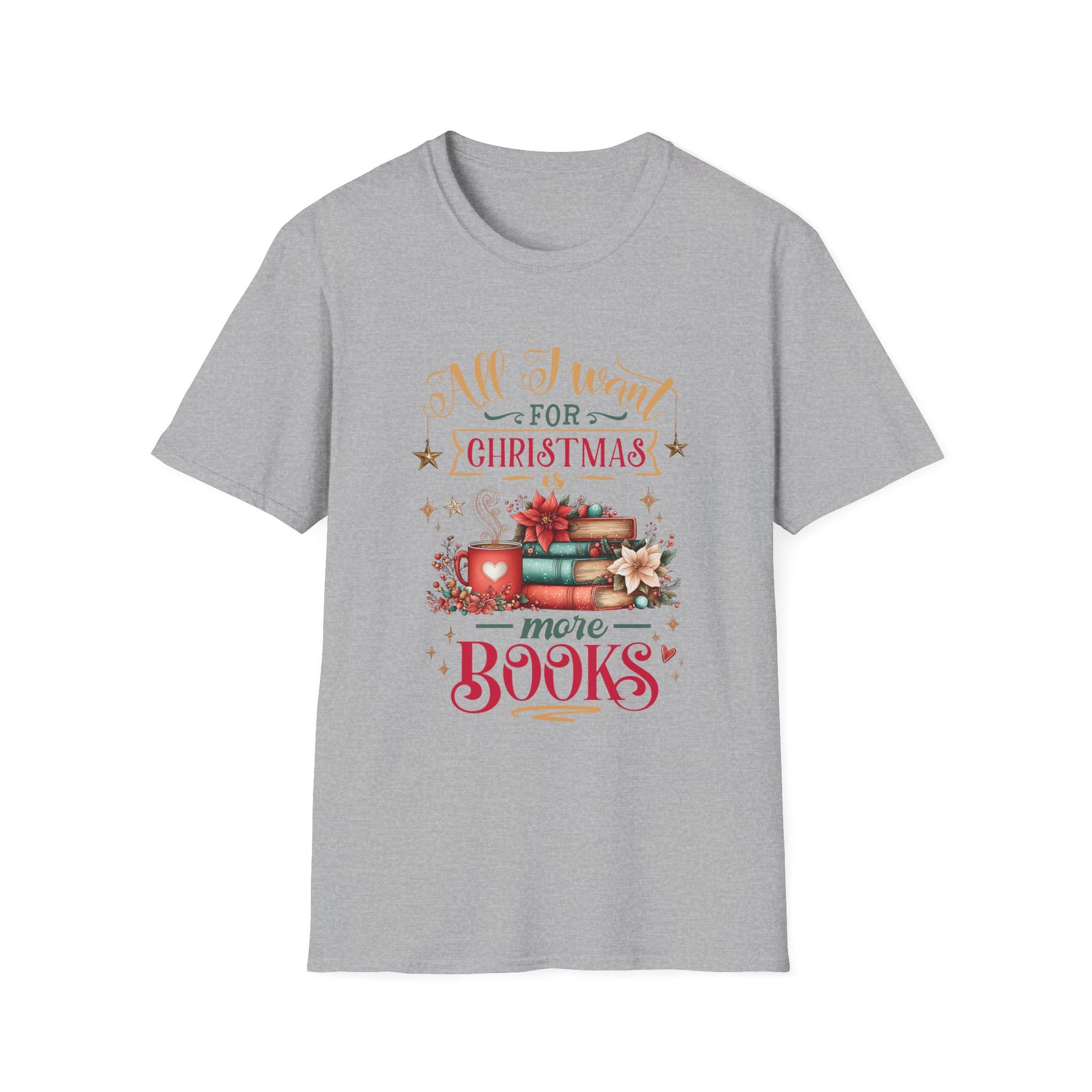 Christmas Book Lover T-Shirt featuring a festive book design and holiday-themed typography.