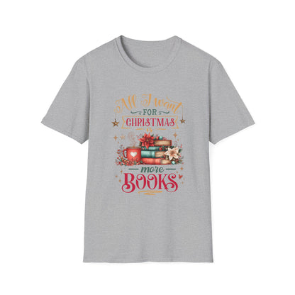 Christmas Book Lover T-Shirt featuring a festive book design and holiday-themed typography.