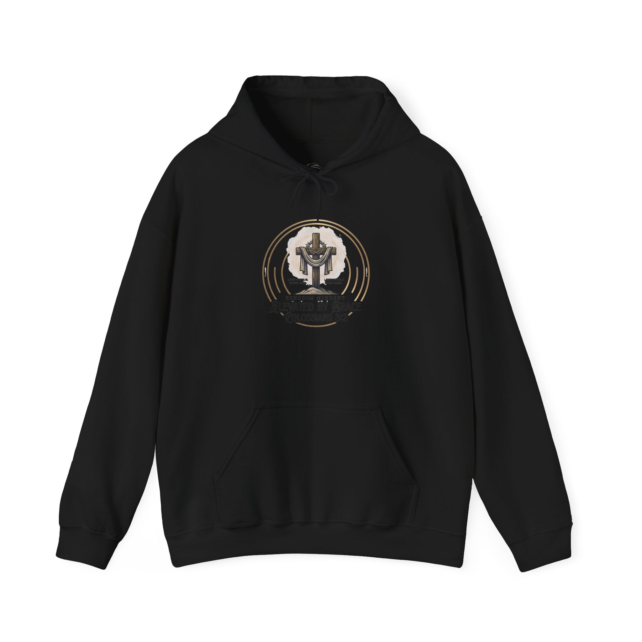 Christian Hoodie – “Elevated by Grace” Cross Sweatshirt (Colossians 3:2)