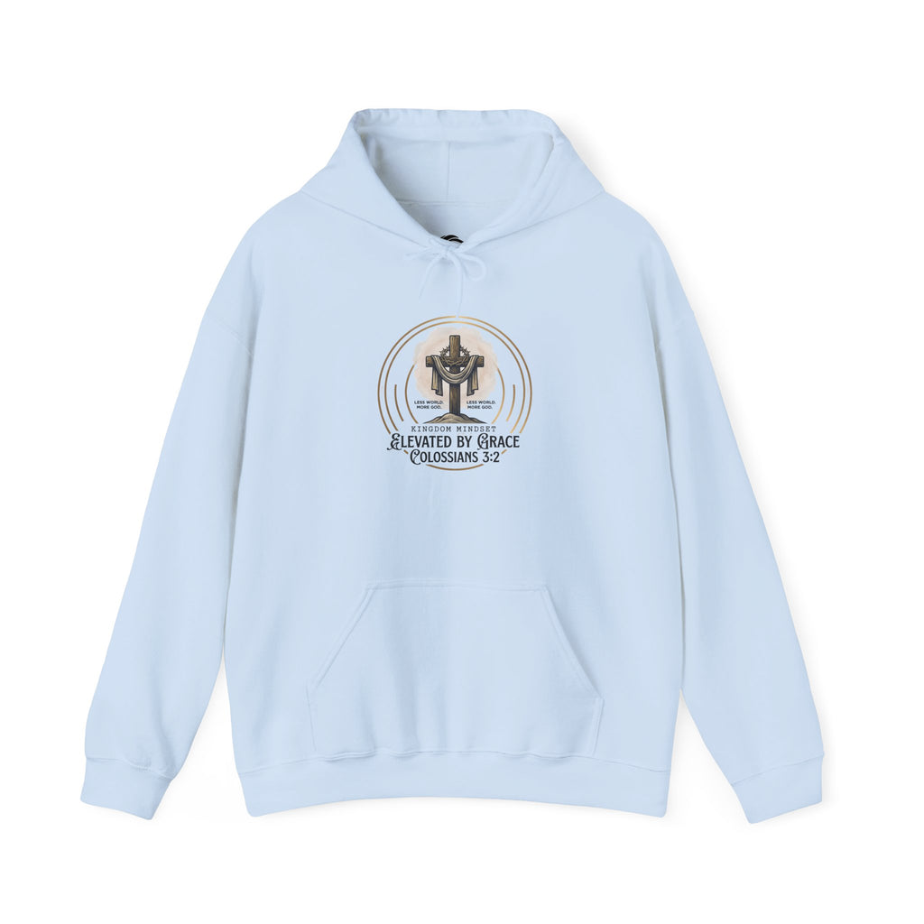 Christian Hoodie – “Elevated by Grace” Cross Sweatshirt (Colossians 3:2)