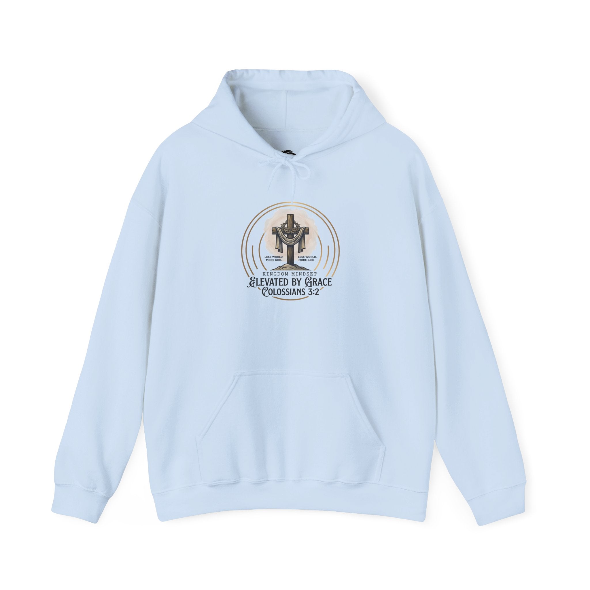 Christian Hoodie – “Elevated by Grace” Cross Sweatshirt (Colossians 3:2)