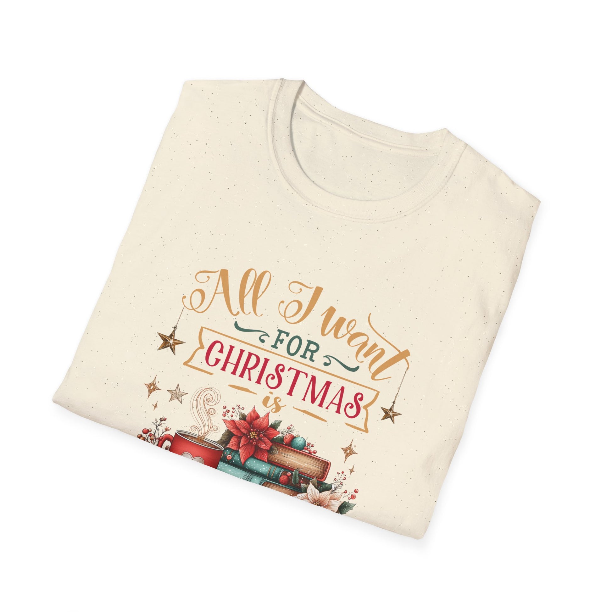 Christmas Book Lover T-Shirt featuring a cozy design with holiday graphics and text that celebrates the joy of reading.