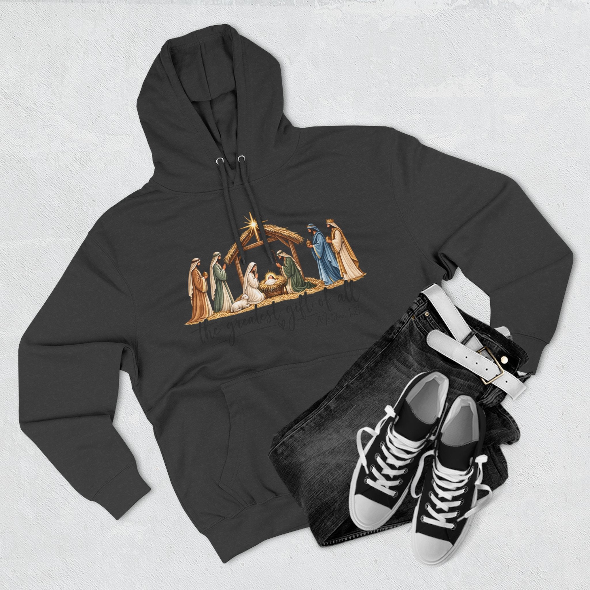 Nativity Hoodie - "The Greatest Gift of All" Fleece Christmas Sweatshirt