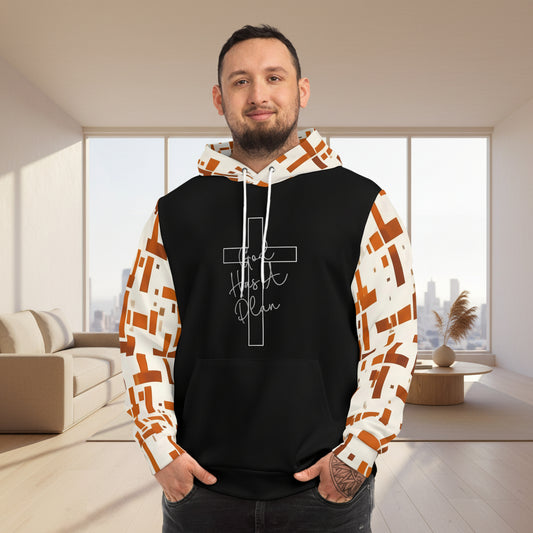 Geometric Grid Hoodie — Black Body with Rust Block Pattern Sleeves & Hood