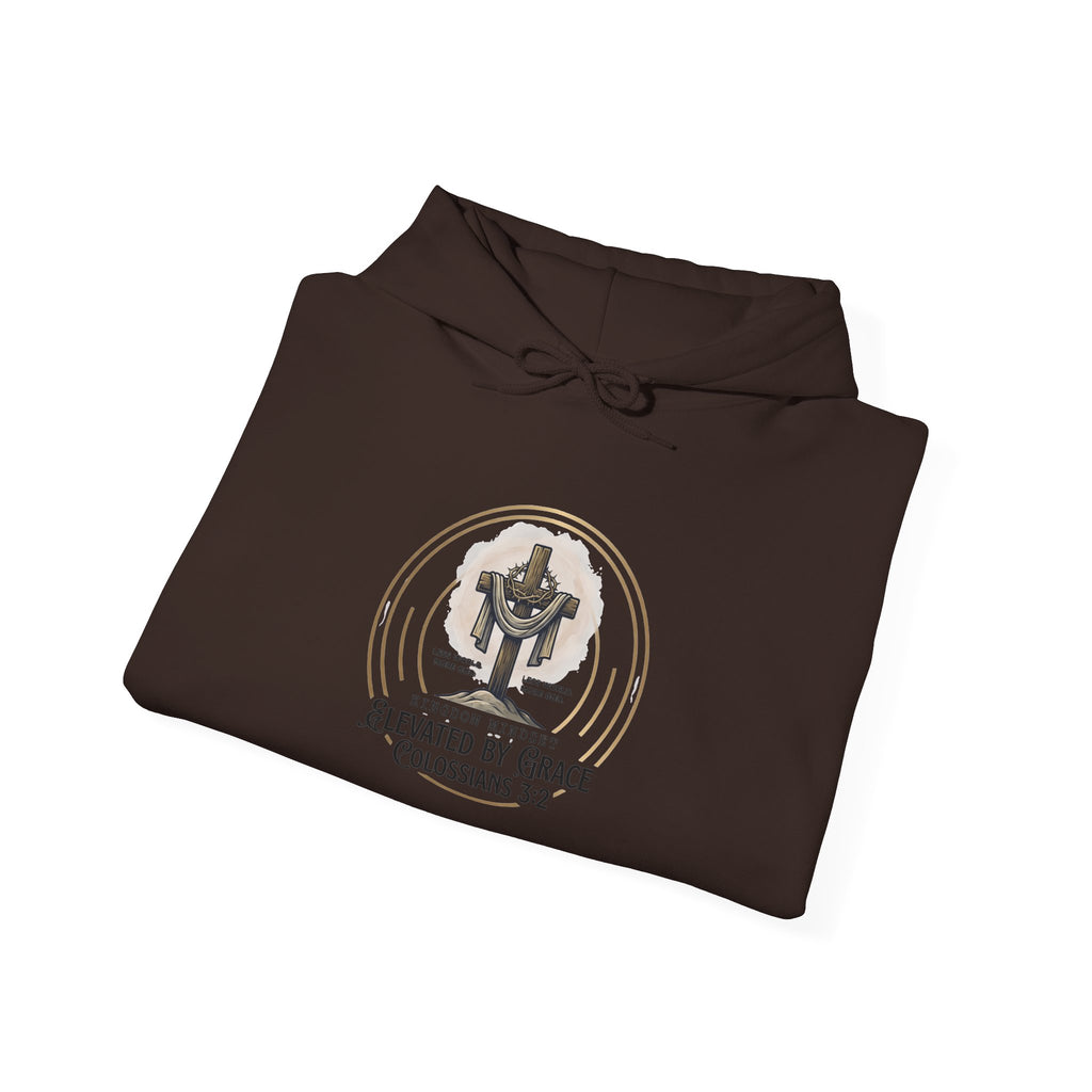 Christian Hoodie – “Elevated by Grace” Cross Sweatshirt (Colossians 3:2)