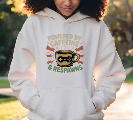 Powered by Caffeine & Respawns Sweatshirt – Funny Gamer Graphic Sweater