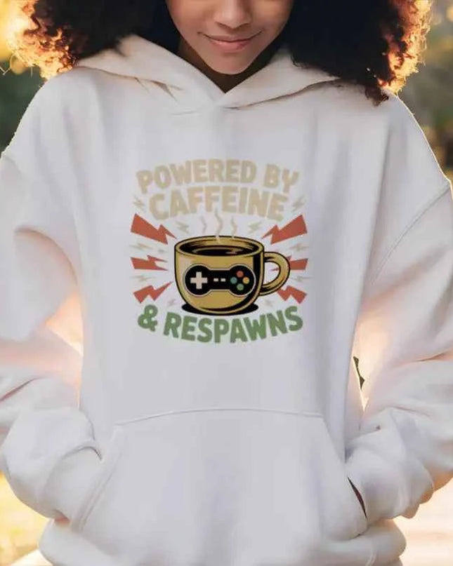 Powered by Caffeine & Respawns Sweatshirt – Funny Gamer Graphic Sweater
