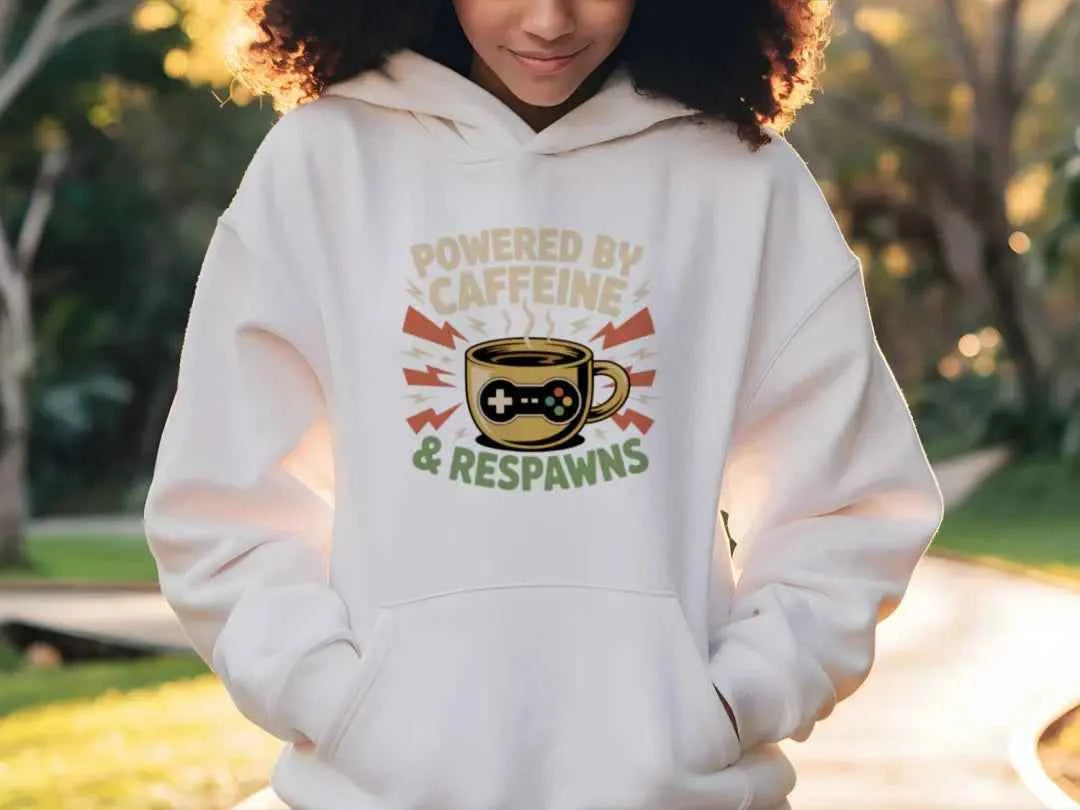 Powered by Caffeine & Respawns Sweatshirt – Funny Gamer Graphic Sweater