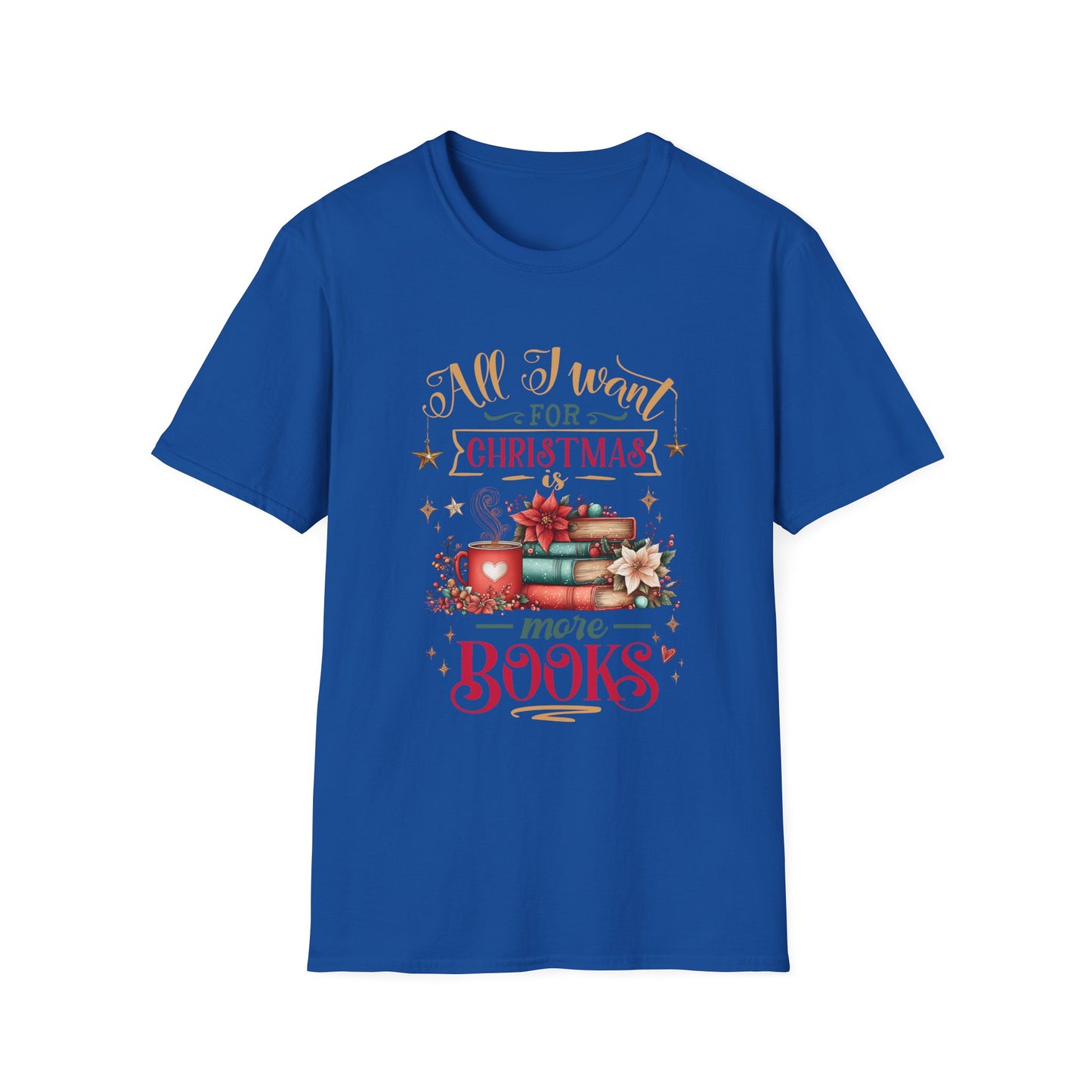 Christmas Book Lover T-Shirt in blue with festive book design and text saying 'All I want for Christmas is more books'.