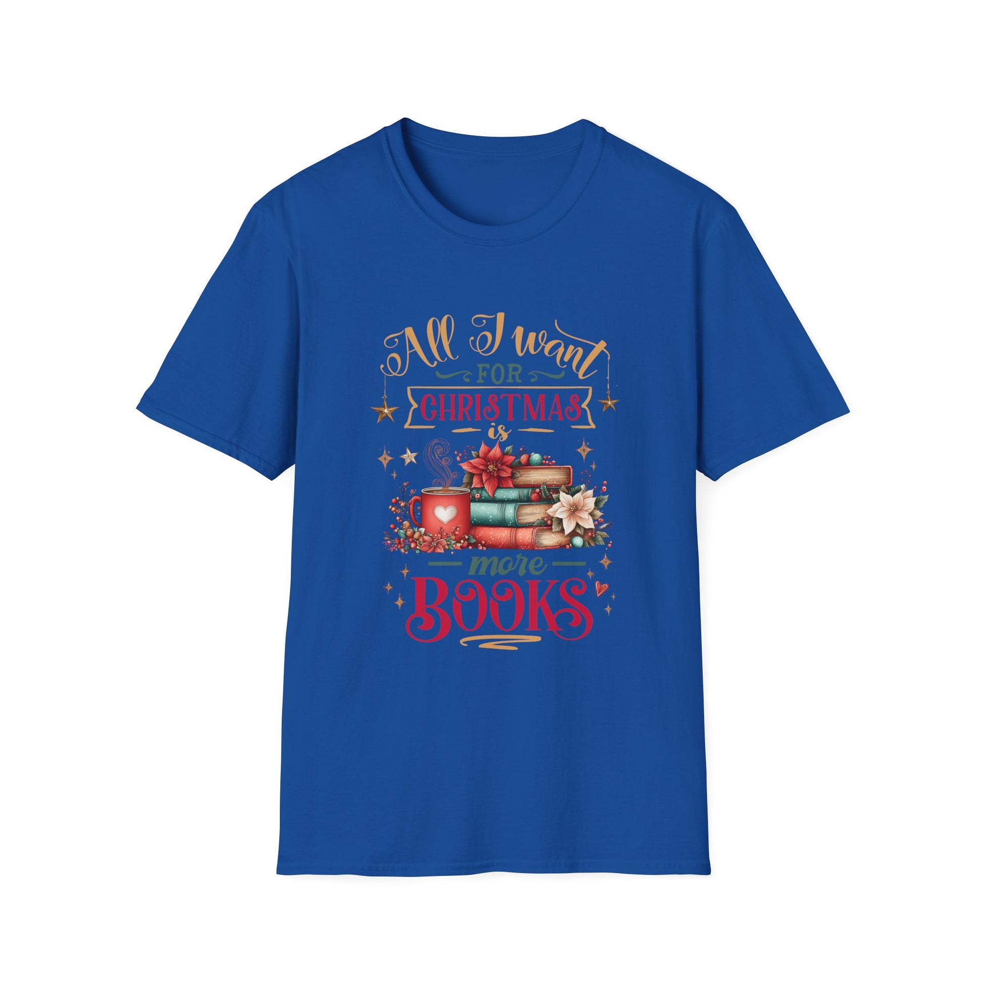 Christmas Book Lover T-Shirt in blue with festive book design and text saying 'All I want for Christmas is more books'.